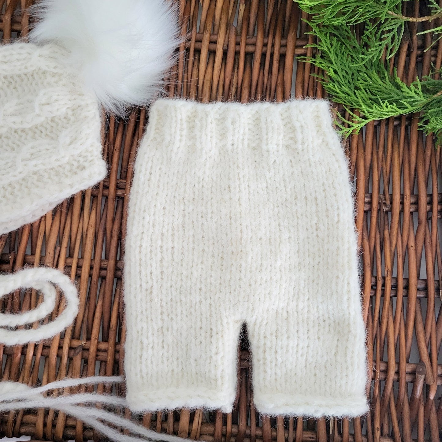 Soft Cream Knit Newborn Short Pants with a Cabled Pom Pom Bonnet  (Ready to Send) Newborn photo prop