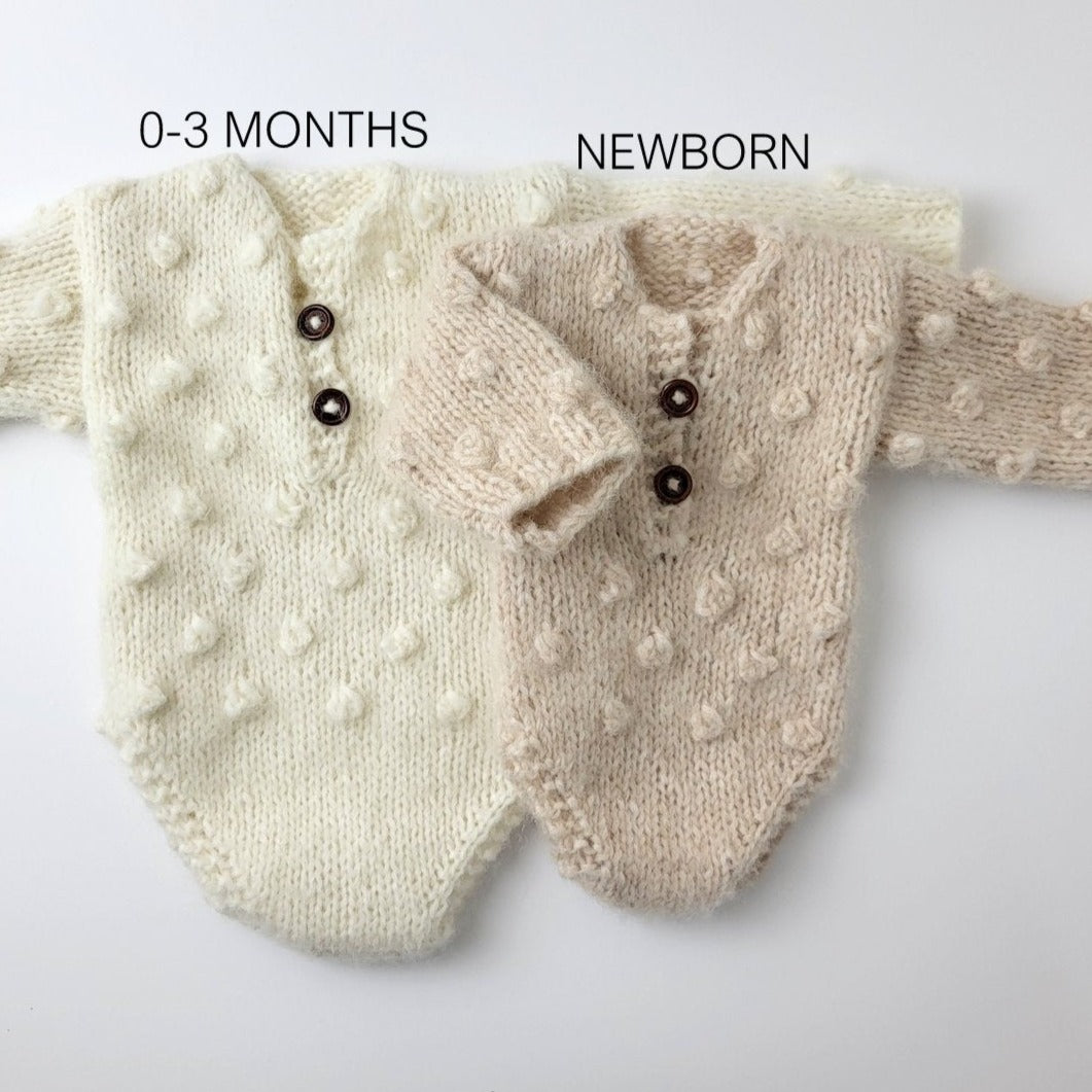 Popcorn Bubble Knit Newborn/ 3 months Long Sleeve Romper with Optional bonnet - more colours (Made to order)
