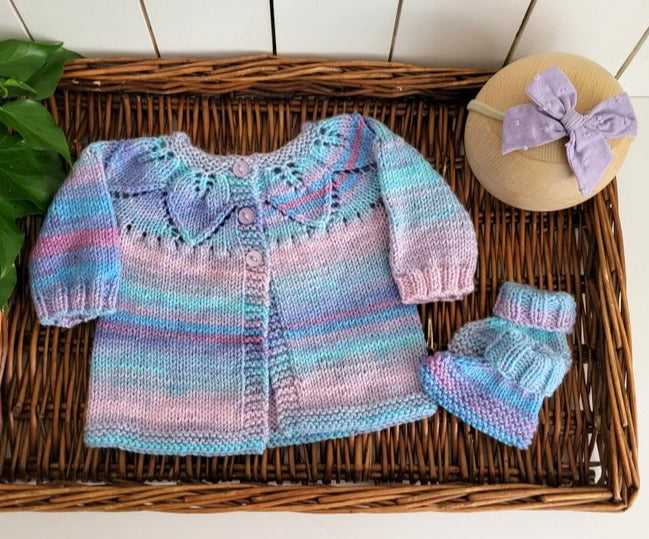 lavender blue baby cardigan with matching booties and bow for baby girls babyshower gift