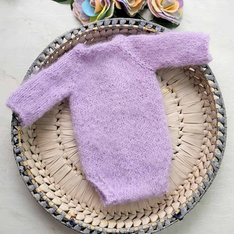 lavender purple long sleeved baby girl romper knit in alpaca yarn