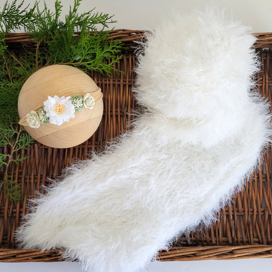 Heavy Luxury White Feathery Fluffy Knit Wrap with free matching floral headband (Ready to Send)