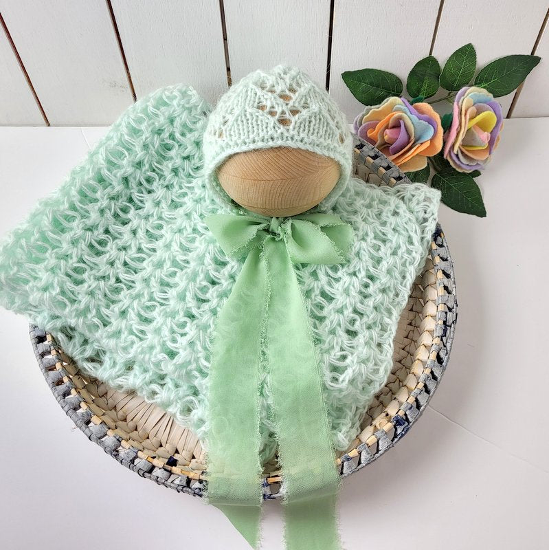 mint green newborn posing wrap layer and knit lacy bonnet with frayed ribbon ties