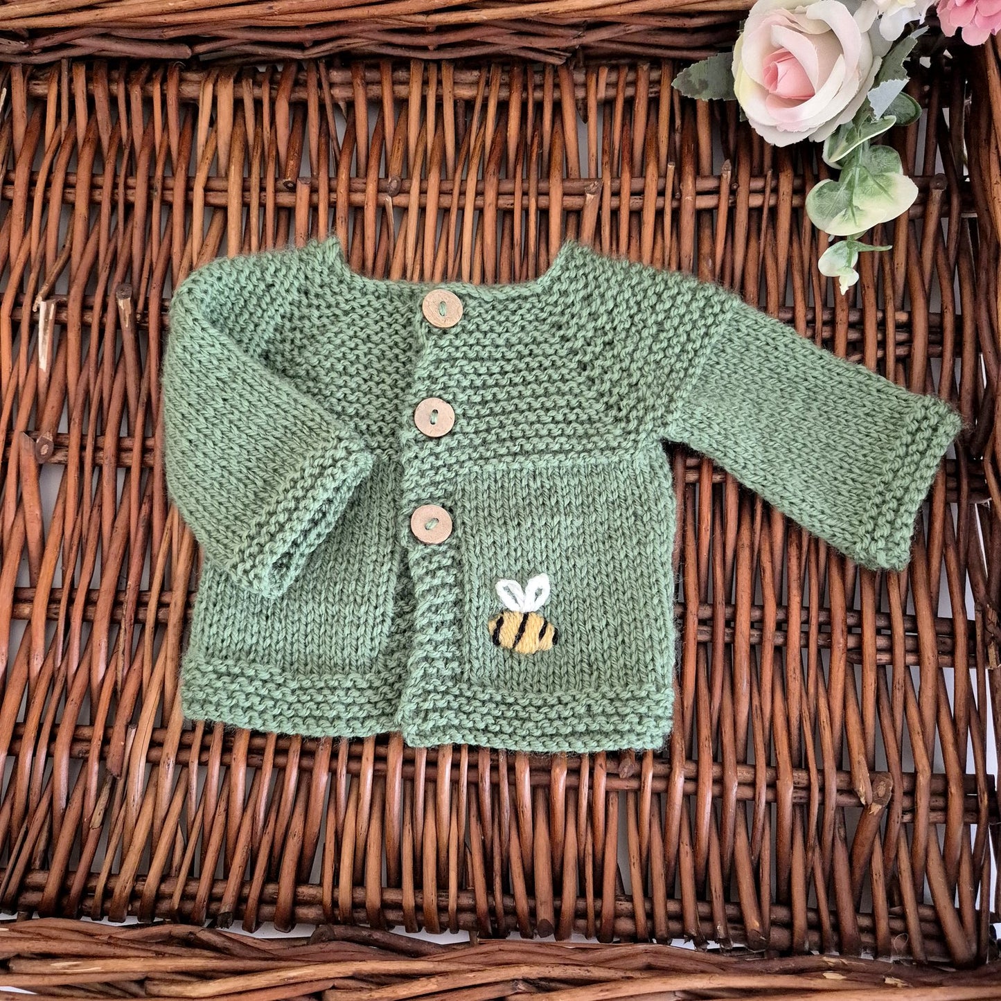 Handknit Baby Cardigan with Bee Embroidery in Premature - Newborn size (READY TO SEND )