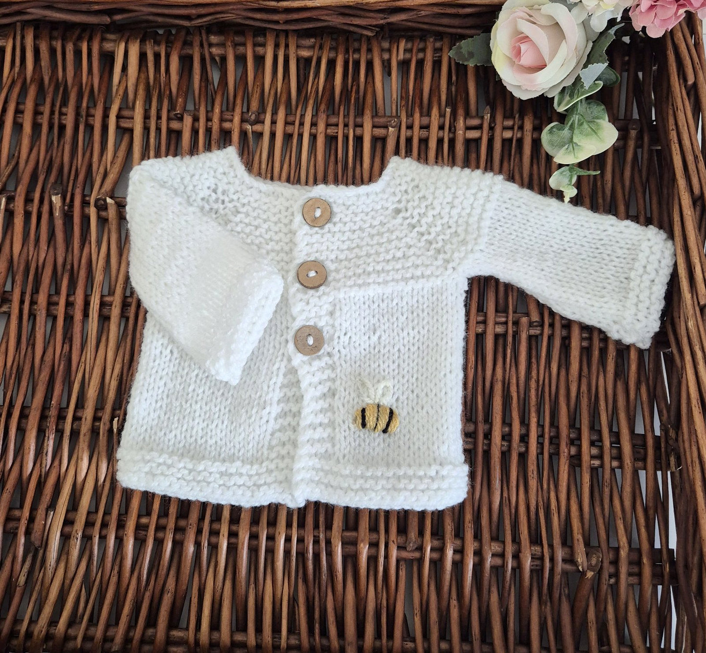 Handknit Baby Cardigan with Bee Embroidery in Premature - Newborn size (READY TO SEND )