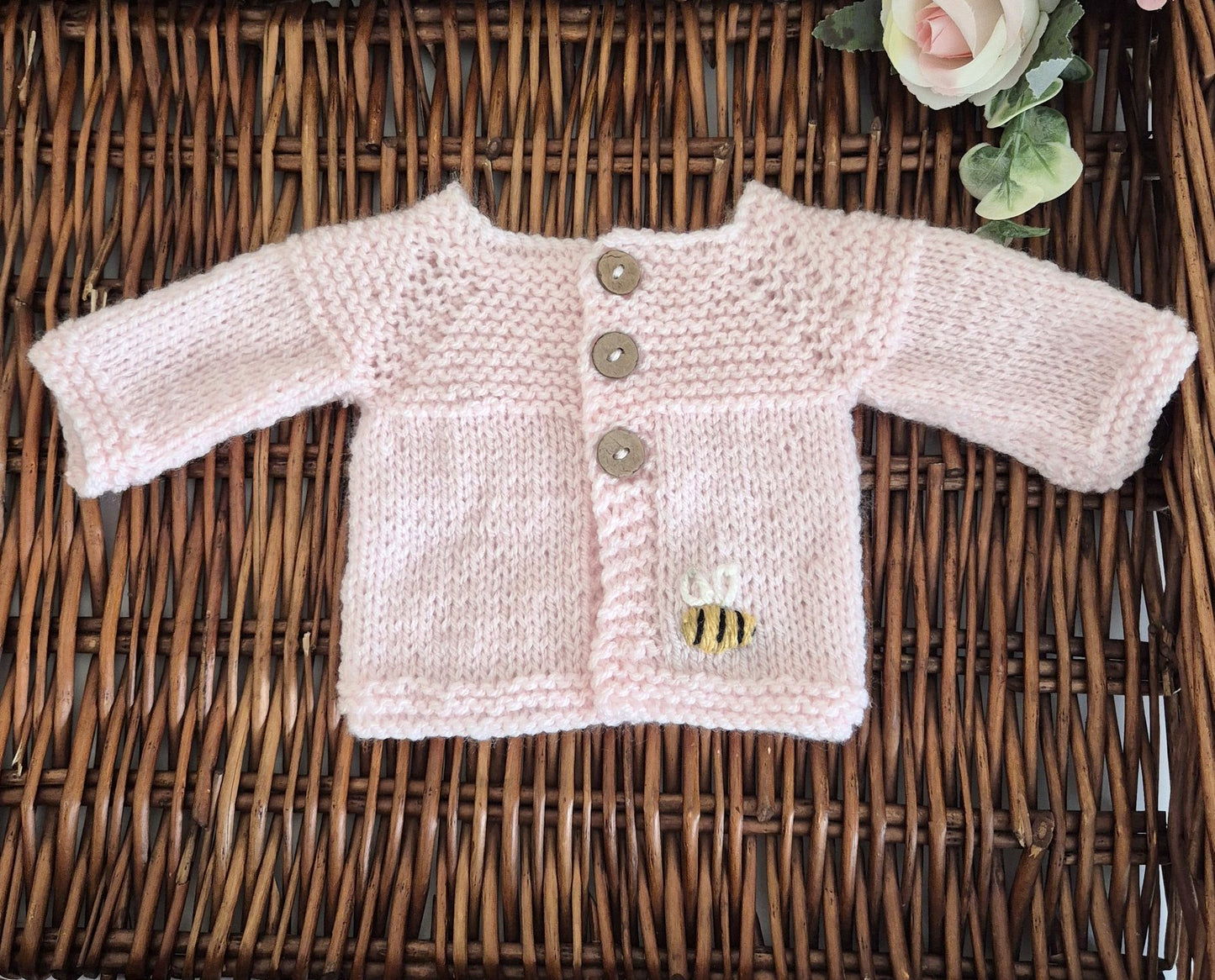 Handknit Baby Cardigan with Bee Embroidery in Premature - Newborn size (READY TO SEND )
