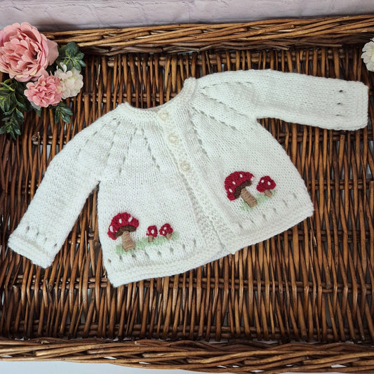 Newborn or 0-3m Knitted Baby Boy Girl Cardigan with Embroidered Toadstools  (Made to Order)  Four colours