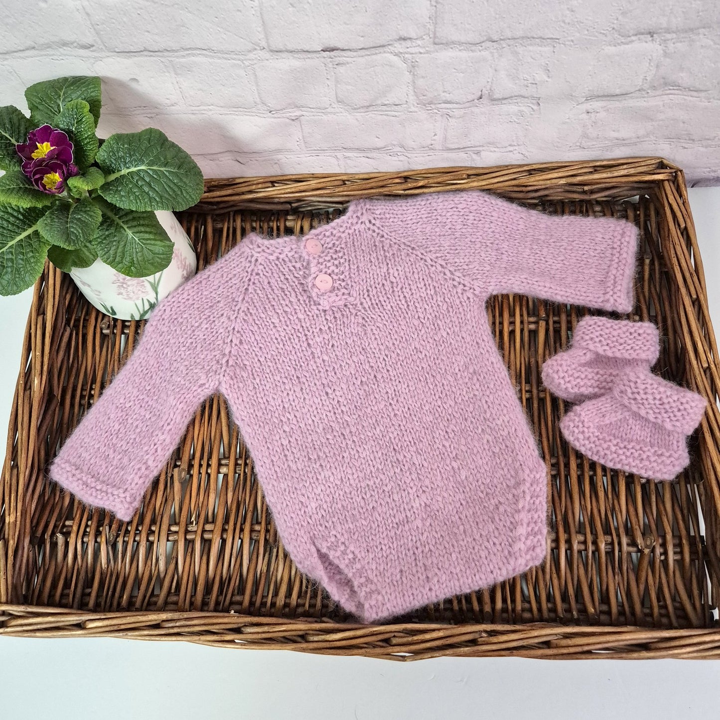 Knitted Pink Baby Girl Outfit, Long Sleeve Romper and Booties with Dandelion Embroidery 0-3 months (Ready to Send)