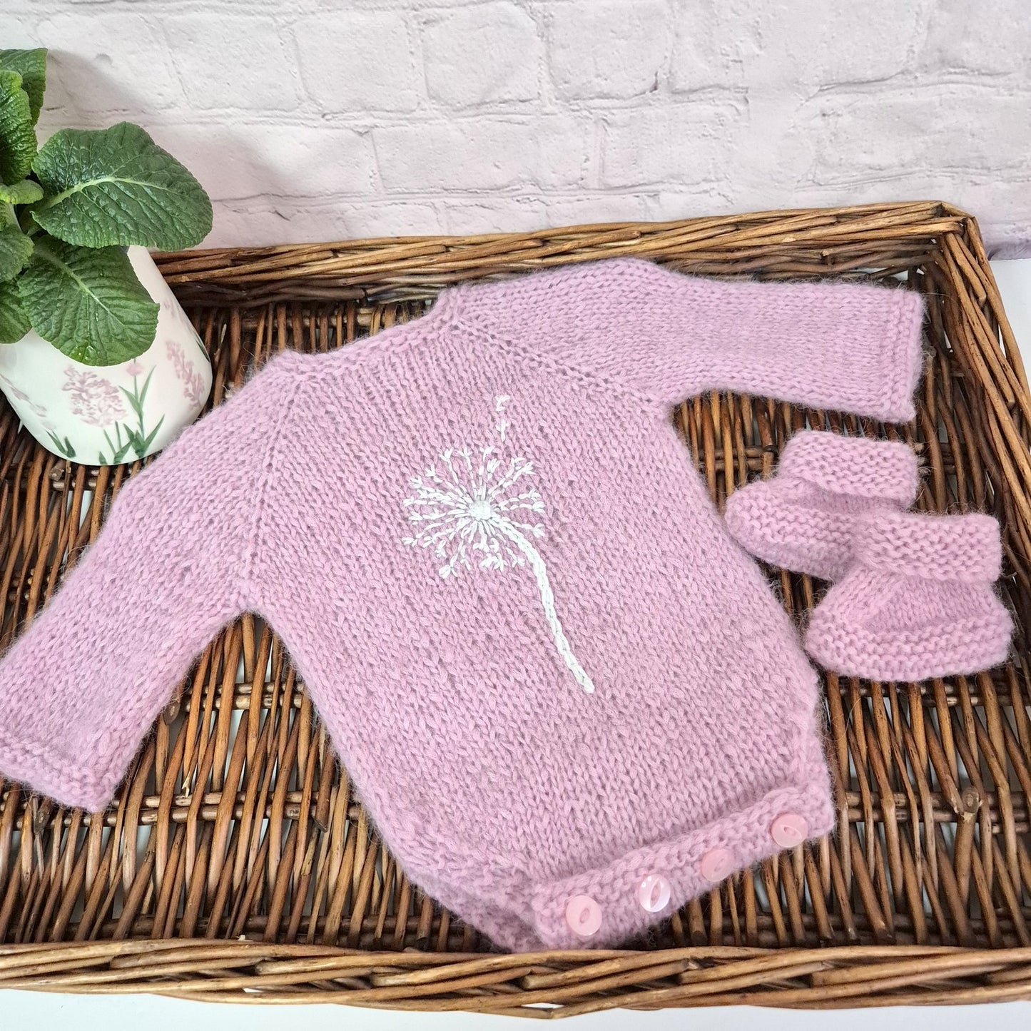 Knitted Pink Baby Girl Outfit, Long Sleeve Romper and Booties with Dandelion Embroidery 0-3 months (Ready to Send)