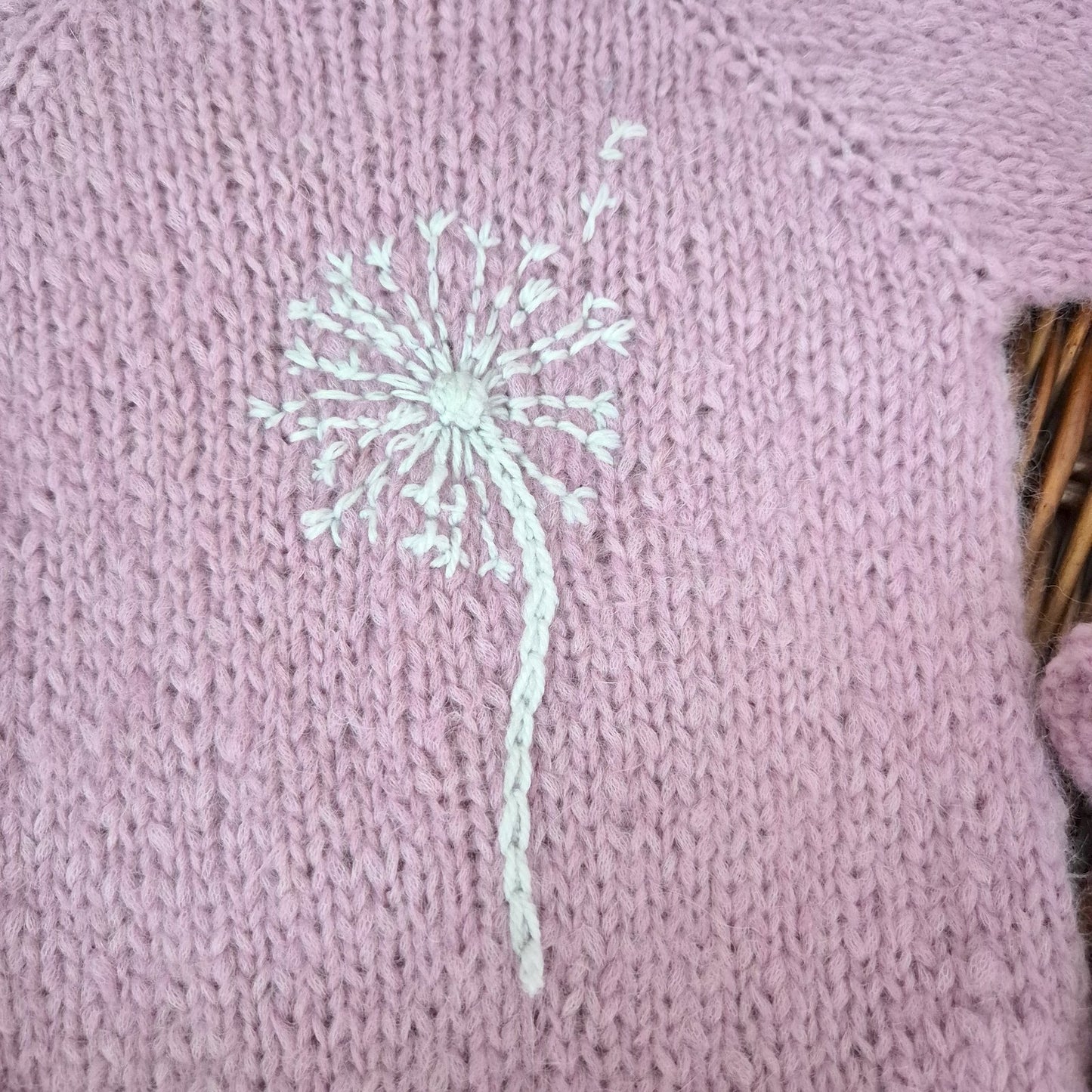 Knitted Pink Baby Girl Outfit, Long Sleeve Romper and Booties with Dandelion Embroidery 0-3 months (Ready to Send)