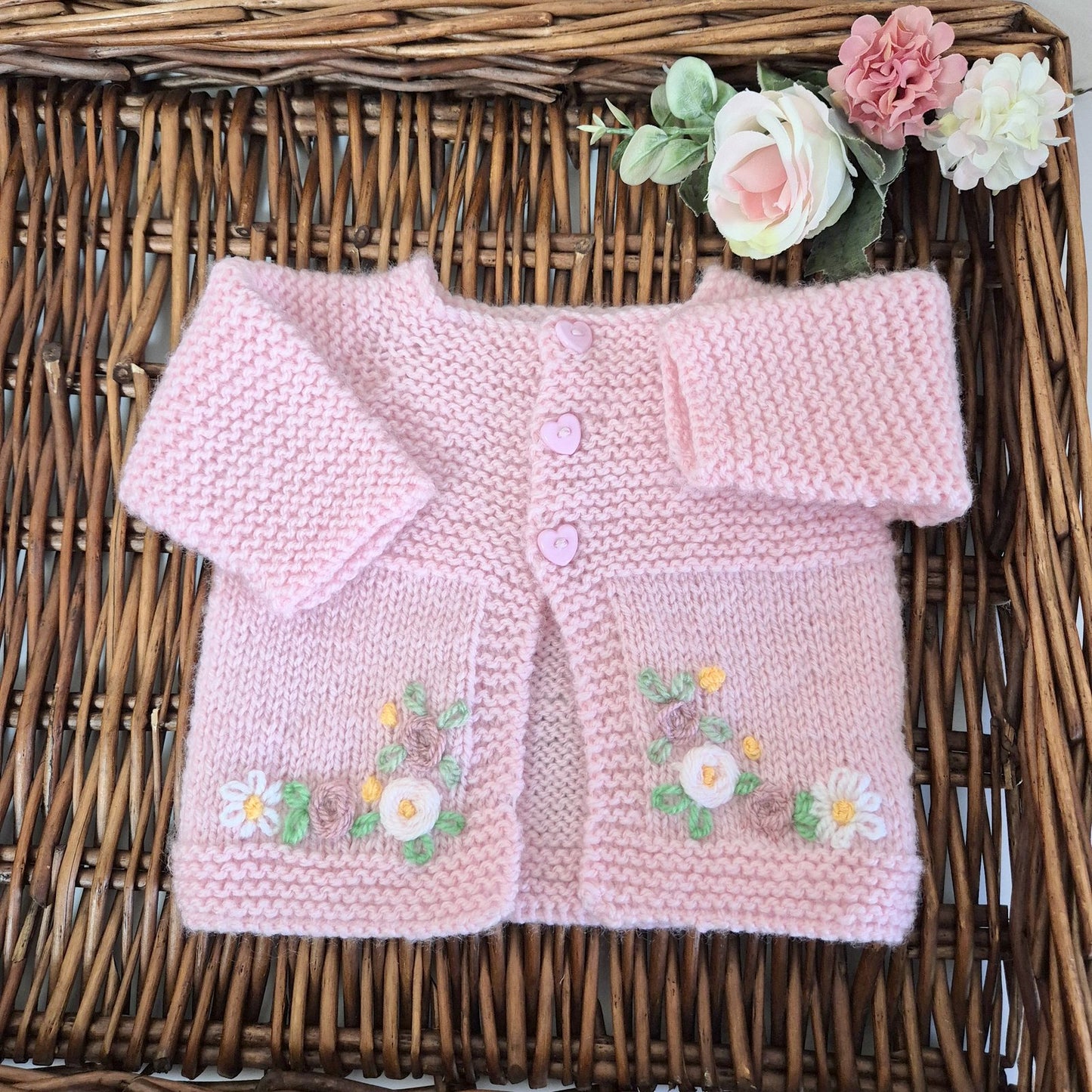 0–3 Months  Hand Knitted Baby Cardigan – Pink Embroidered Roses & Flowers Sweater, New Baby Girl Gift, Handmade UK (Ready to Send)