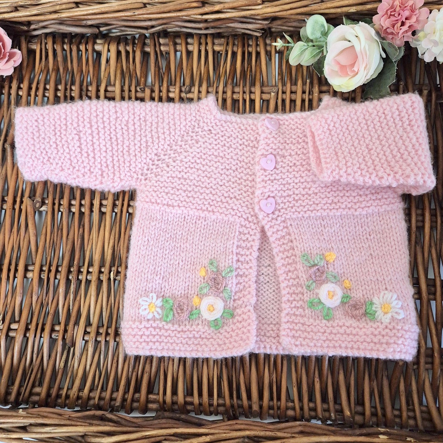 0–3 Months  Hand Knitted Baby Cardigan – Pink Embroidered Roses & Flowers Sweater, New Baby Girl Gift, Handmade UK (Ready to Send)