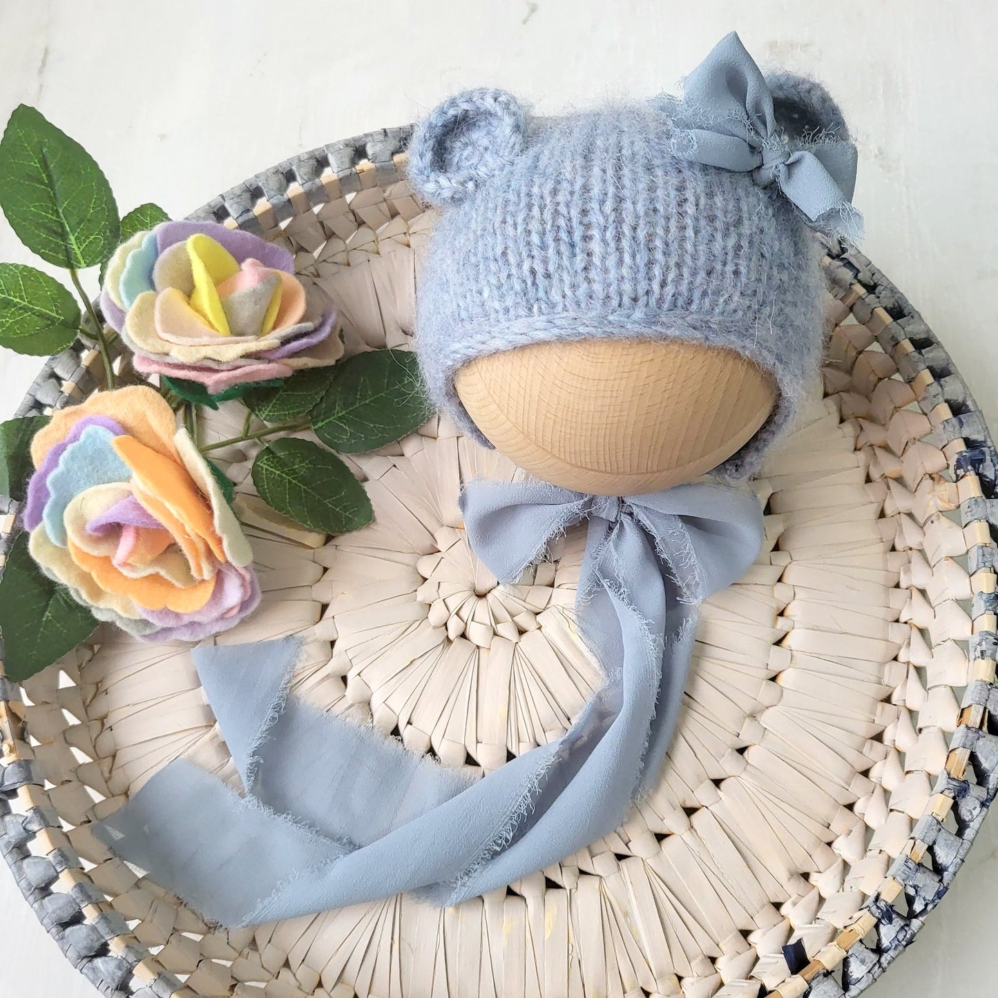 handknit blue newborn photo prop bonnet