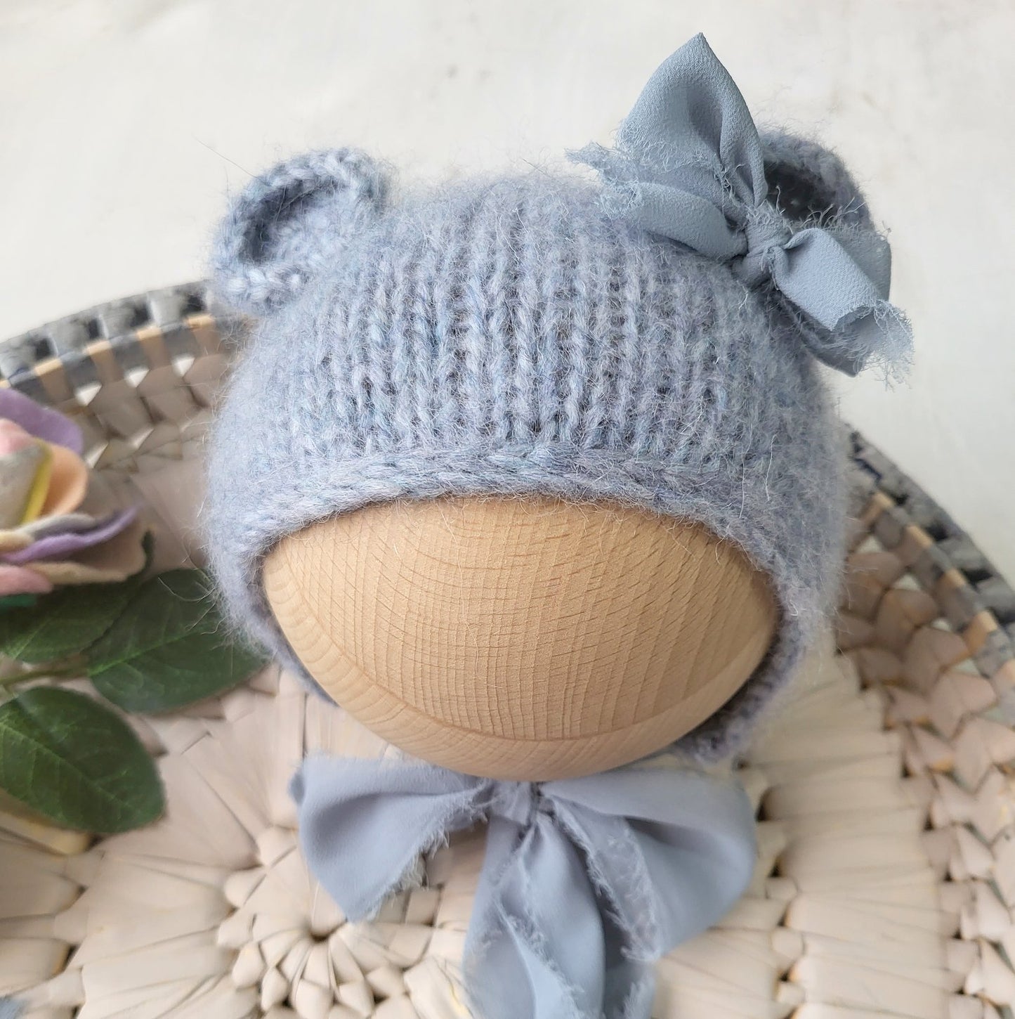 handmade knitted blue bear ears bonnet with bows
