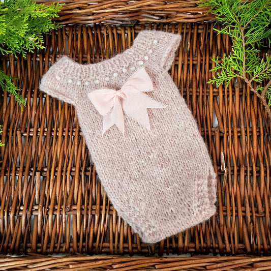 Soft Dusty Pink alpaca Newborn Romper with bow and pearls (Ready to Send)