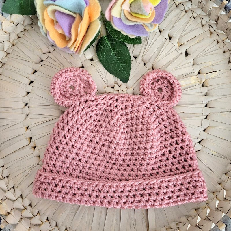 PINK CROCHET BABY BEAR BEANIE
HAT
