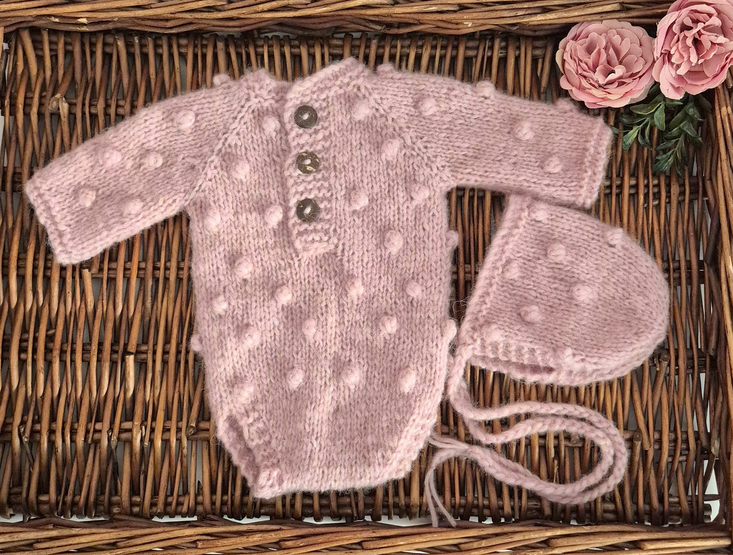 Popcorn Bubble Knit Newborn/ 0-3 months Long Sleeve Romper with Optional bonnet - more colours (Made to order)