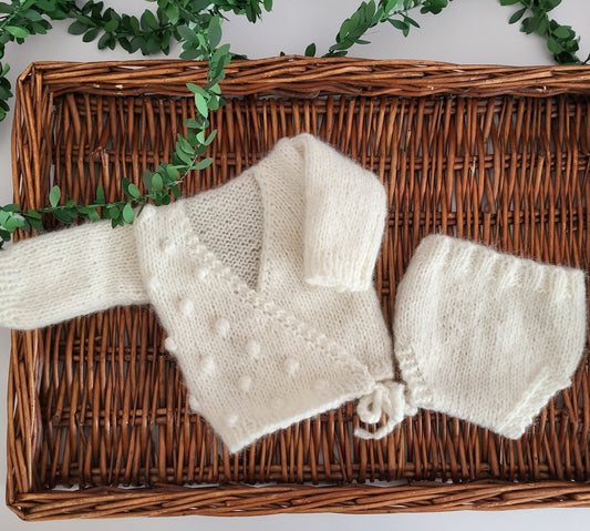 hand knit baby kimono cross over jumper and pants set,
