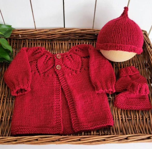 red knitted baby jumper , elf hat and bootie set baby gift