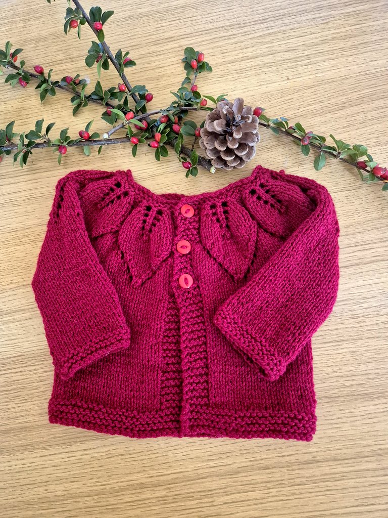 Red Newborn Baby Cardigan with a Leaf Pattern, Unisex Babyshower Gift, Handmade UK (Ready to Send)