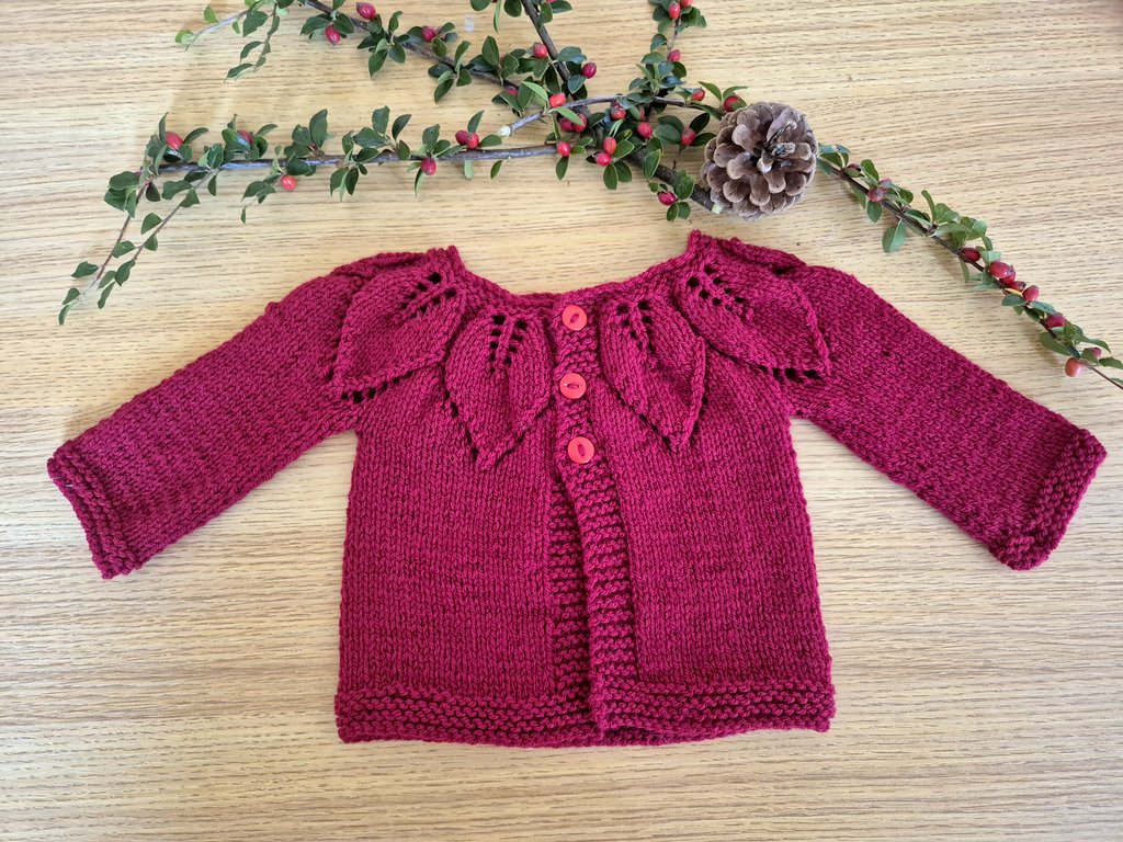 Red Newborn Baby Cardigan with a Leaf Pattern, Unisex Babyshower Gift, Handmade UK (Ready to Send)