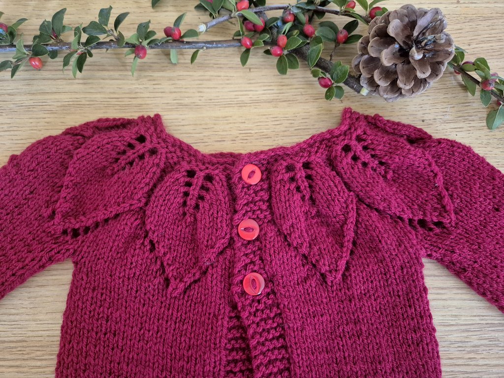 Red Newborn Baby Cardigan with a Leaf Pattern, Unisex Babyshower Gift, Handmade UK (Ready to Send)