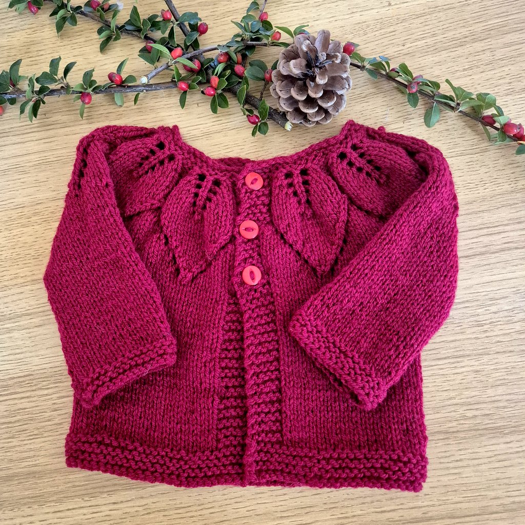 Red Newborn Baby Cardigan with a Leaf Pattern, Unisex Babyshower Gift, Handmade UK (Ready to Send)
