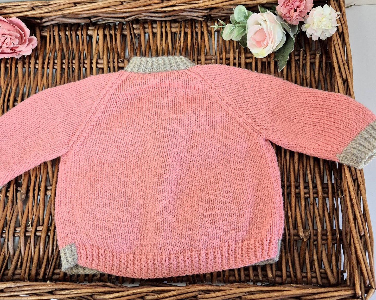 0-6 months Handmade Knitted Salmon Pink Baby Cardigan with Toadstools  (Ready to Send)
