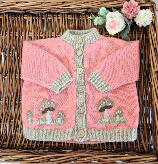 0-6 months Handmade Knitted Salmon Pink Baby Cardigan with Toadstools  (Ready to Send)