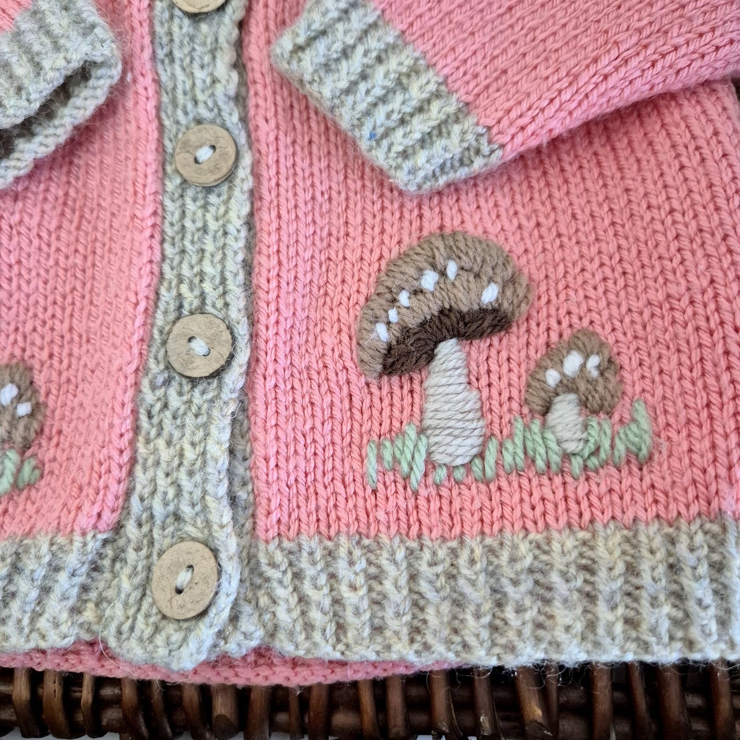 0-6 months Handmade Knitted Salmon Pink Baby Cardigan with Toadstools  (Ready to Send)