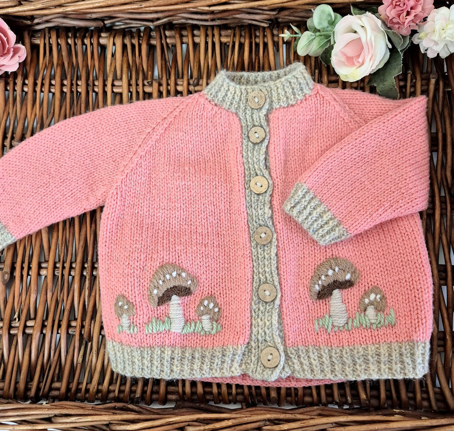 0-6 months Handmade Knitted Salmon Pink Baby Cardigan with Toadstools  (Ready to Send)