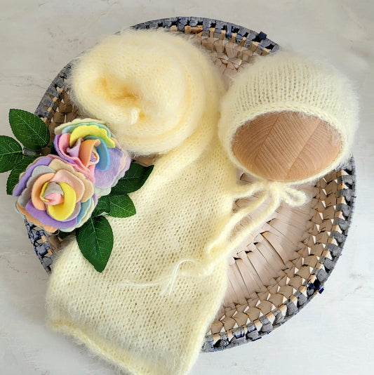 light lemon cream colour knitted long wrap and bonnet set for newborn photo shoots