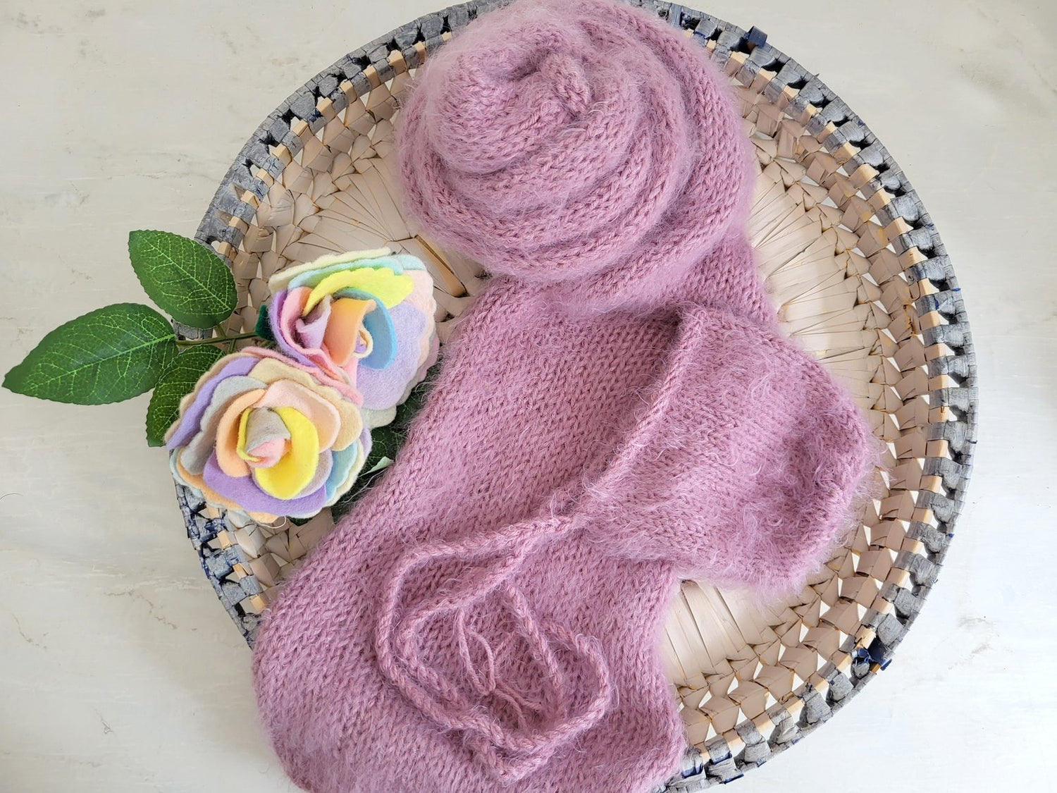 fluffy pink knitted bonnet and long wrap for newborn photography prop