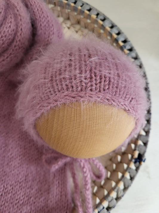 Mauve purple LONG stretch wrap and Newborn bonnet set  (Ready to send)