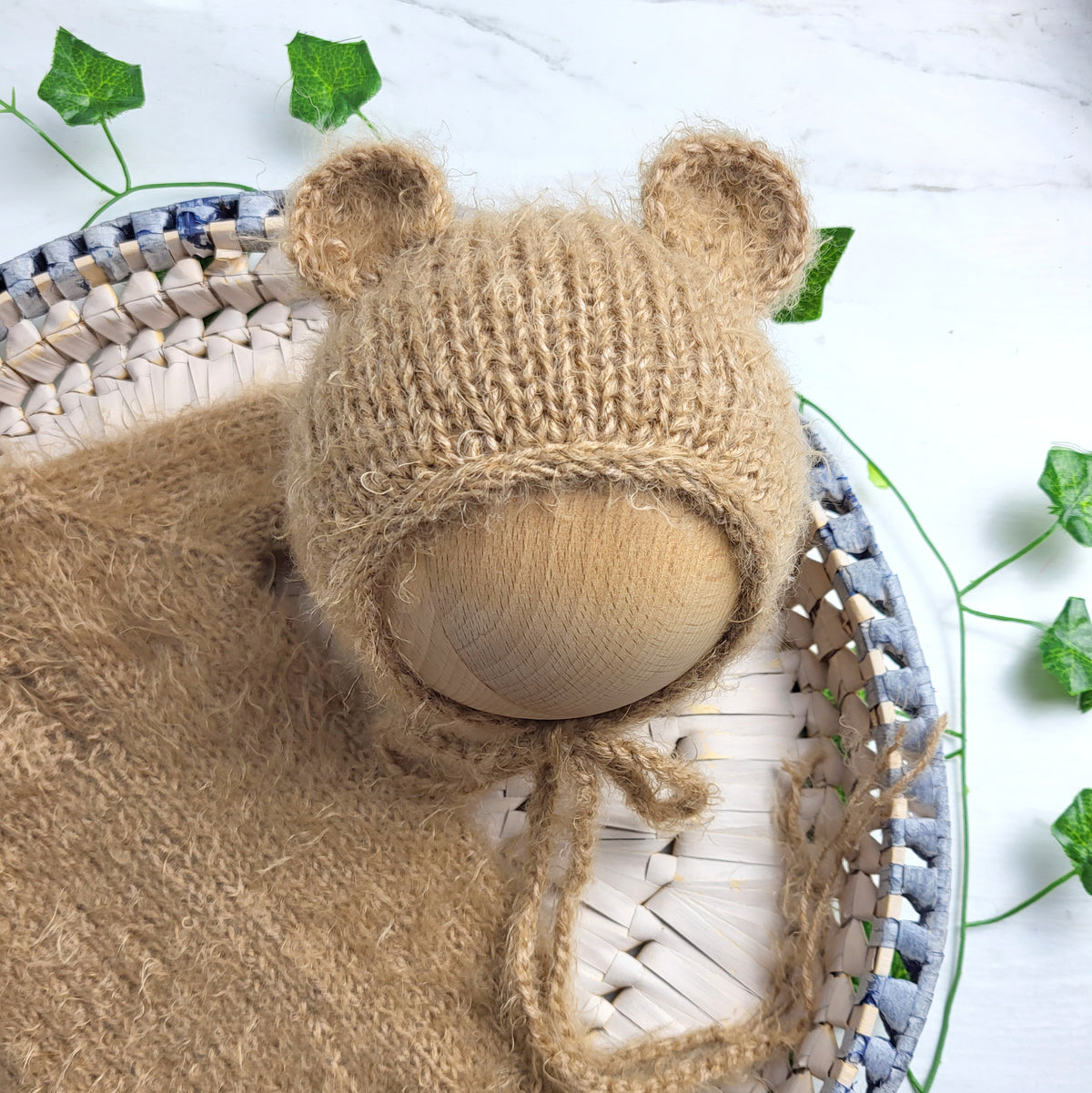 Baby Boy Fuzzy Brown Newborn Romper with Bear Bonnet (Ready to send) Photo prop outfit