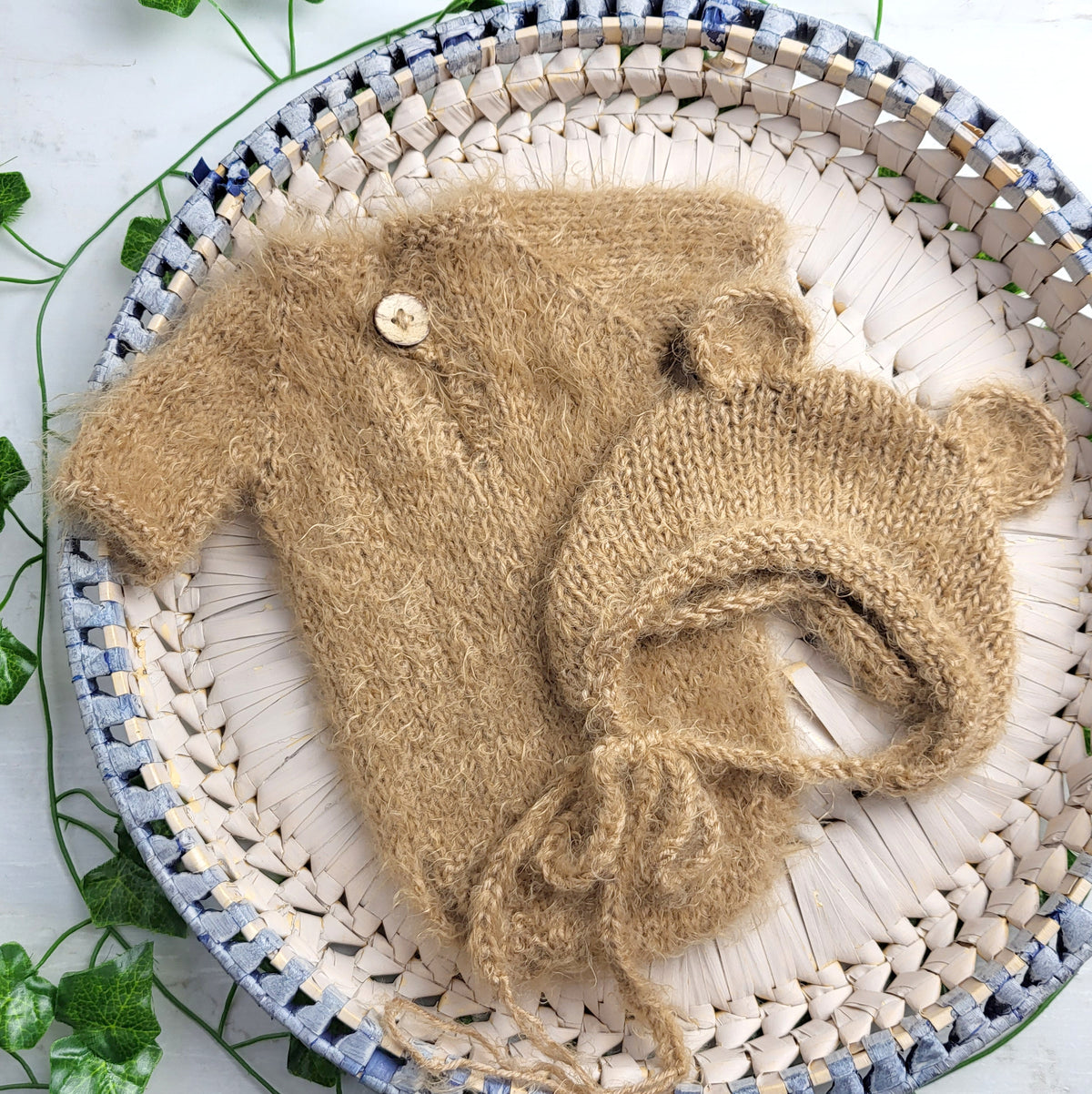 Baby Boy Fuzzy Brown Newborn Romper with Bear Bonnet (Ready to send) Photo prop outfit