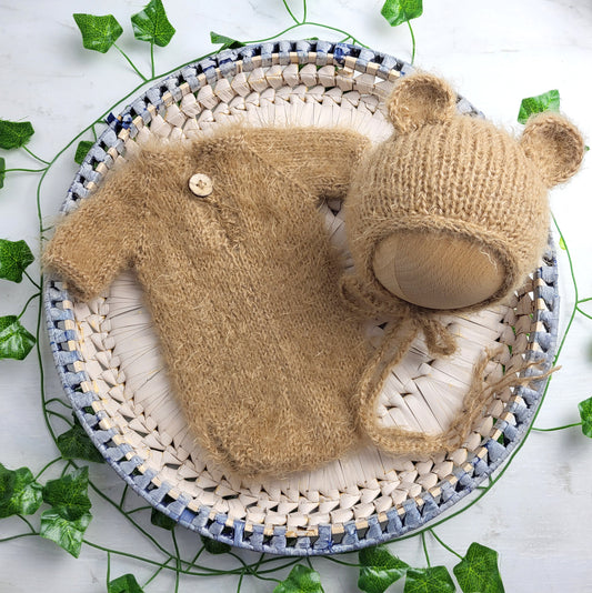 Baby Boy Fuzzy Brown Newborn Romper with Bear Bonnet (Ready to send) Photo prop outfit