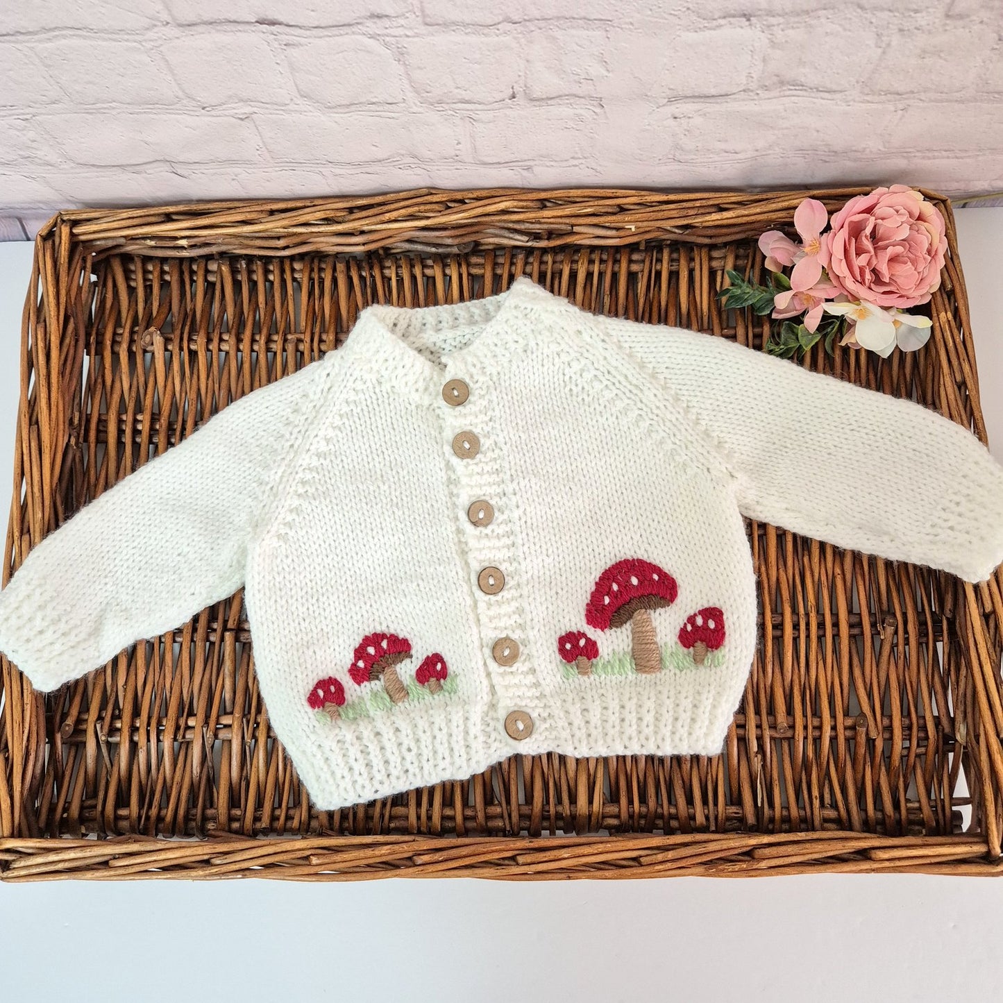 0-6 months Handmade Knitted White Baby Cardigan with Toadstools  (Ready to Send)