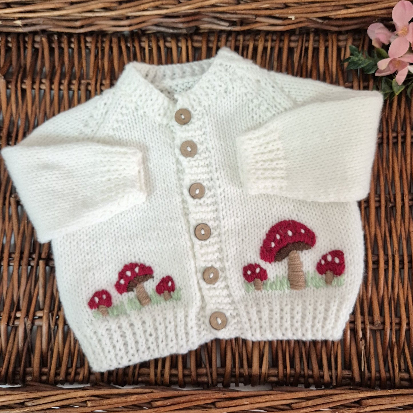 0-6 months Handmade Knitted White Baby Cardigan with Toadstools  (Ready to Send)