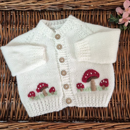 0-6 months Handmade Knitted White Baby Cardigan with Toadstools  (Ready to Send)
