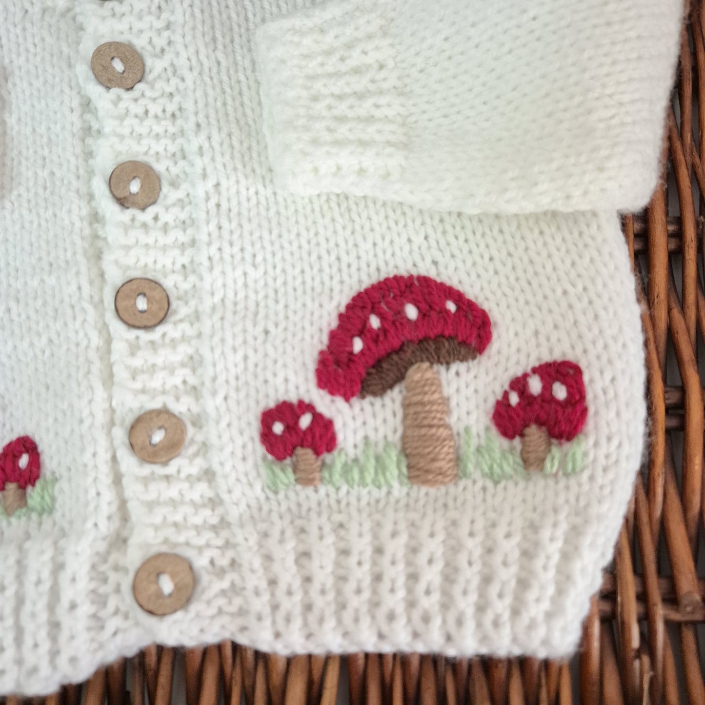 0-6 months Handmade Knitted White Baby Cardigan with Toadstools  (Ready to Send)