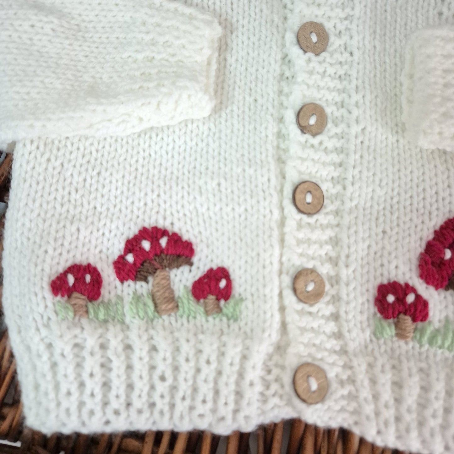 0-6 months Handmade Knitted White Baby Cardigan with Toadstools  (Ready to Send)