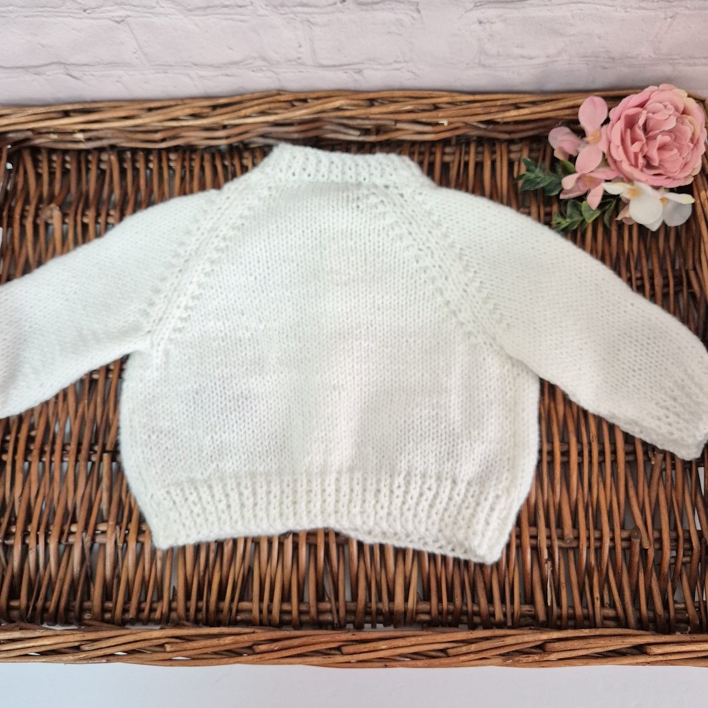 0-6 months Handmade Knitted White Baby Cardigan with Toadstools  (Ready to Send)