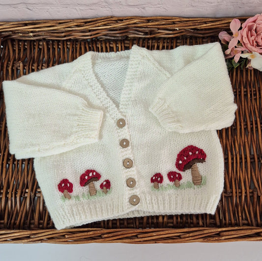 6-12 months Handmade Knitted White Baby Cardigan with Toadstools  (Ready to Send)