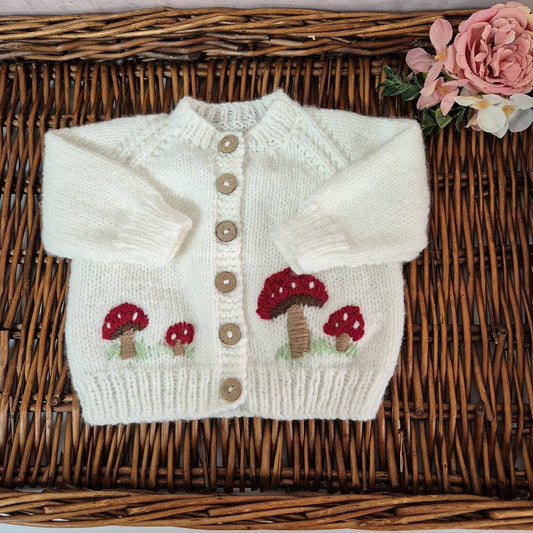 0-3 months Handmade Knitted White Baby Cardigan with Toadstools  (Ready to Send)