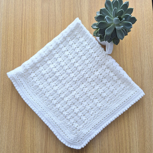 white crochet baby blanket
