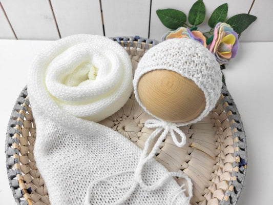 handknit white textured bonnet and wrap for newborn photo prop use