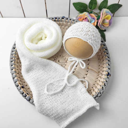 white knit stretch wrap and bonnet set for newborn photo shoots