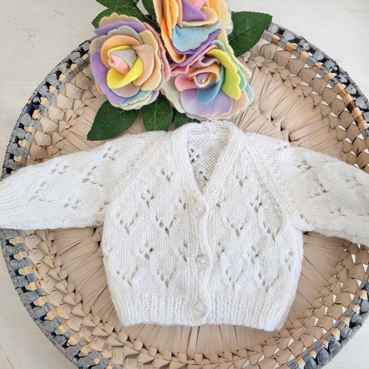 white knitted baby cardigan jumper with lace for baby girl 