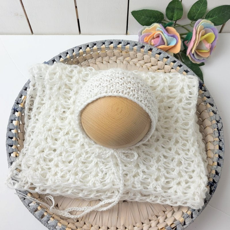 crochet lacy wrap photo prop layer and bonnet
