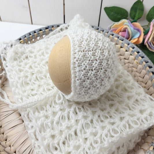 White Knit Bonnet and Lace Crochet Newborn Posing Layer Wrap (Ready to send)